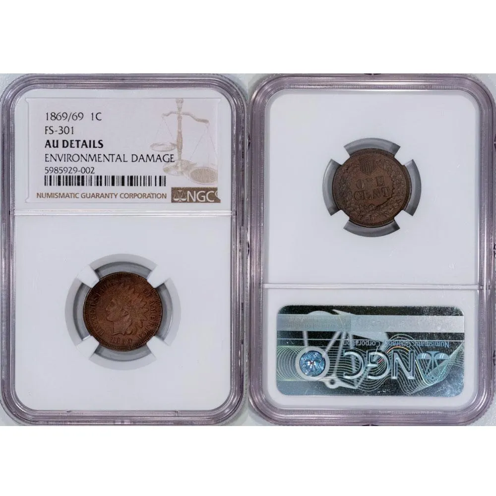 1869/69 Indian Head Cent Snow-3 FS-301 - NGC AU Details (ED)