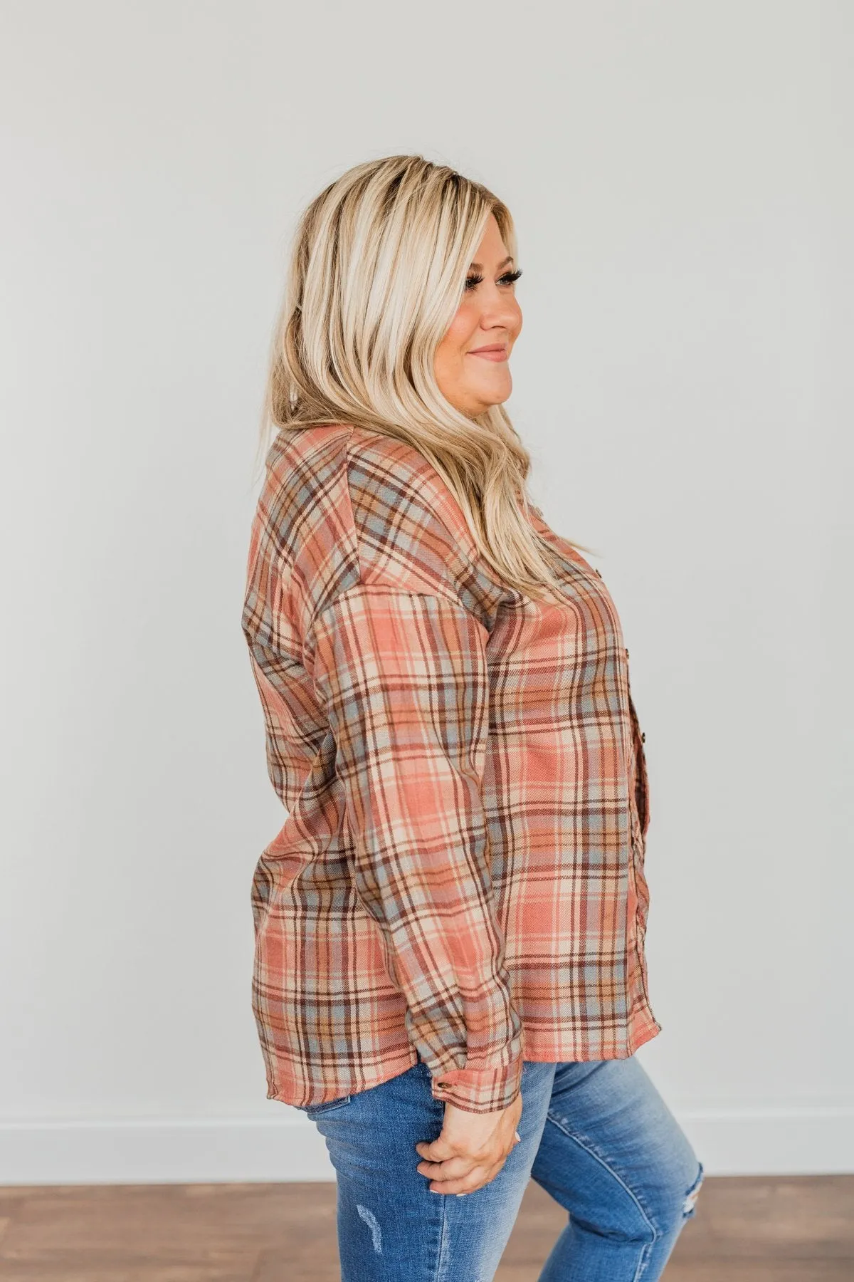 All The Fall Things Plaid Button Top- Dusty Pink, Blue, & Brown