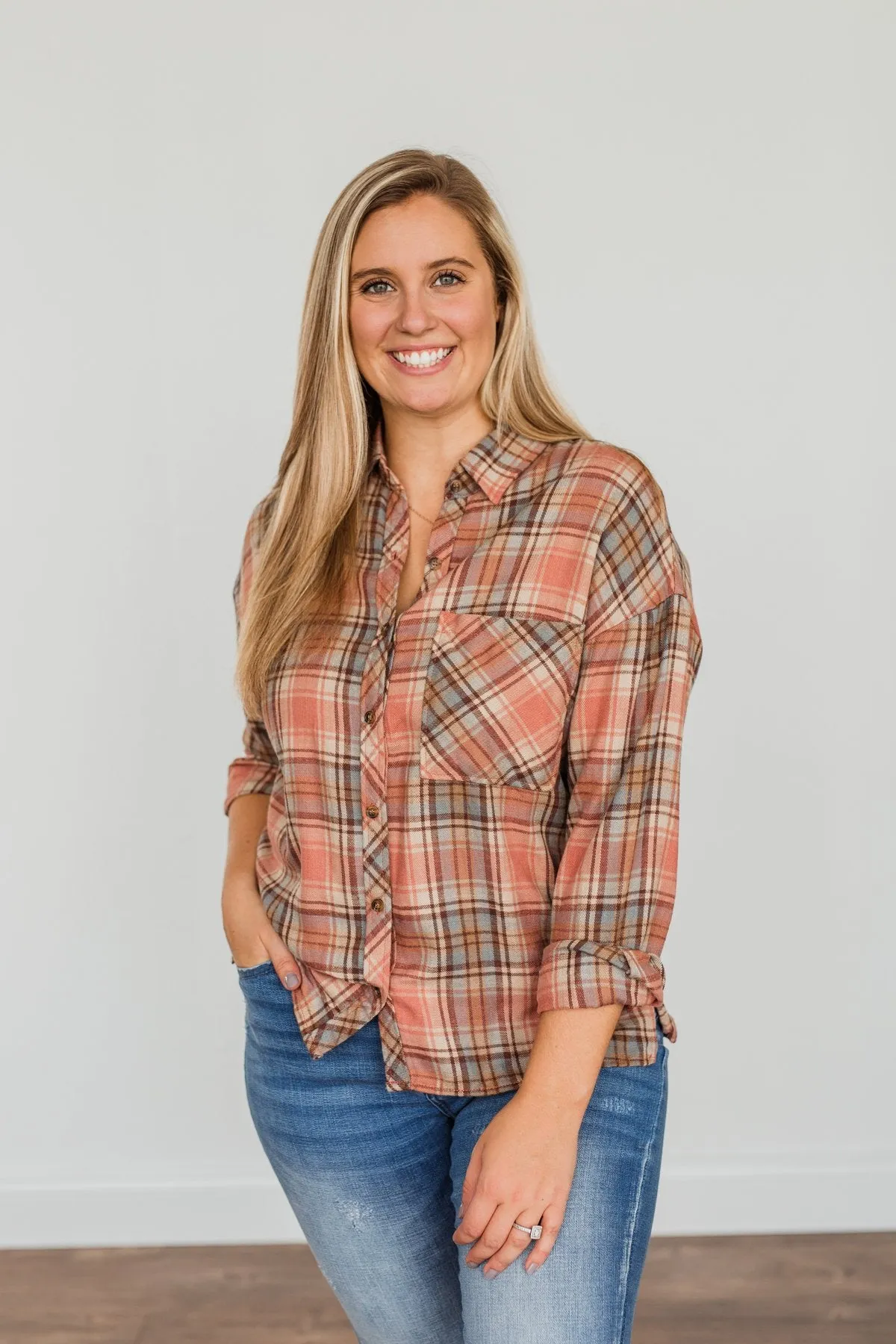 All The Fall Things Plaid Button Top- Dusty Pink, Blue, & Brown