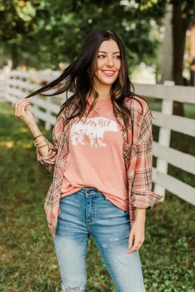 All The Fall Things Plaid Button Top- Dusty Pink, Blue, & Brown