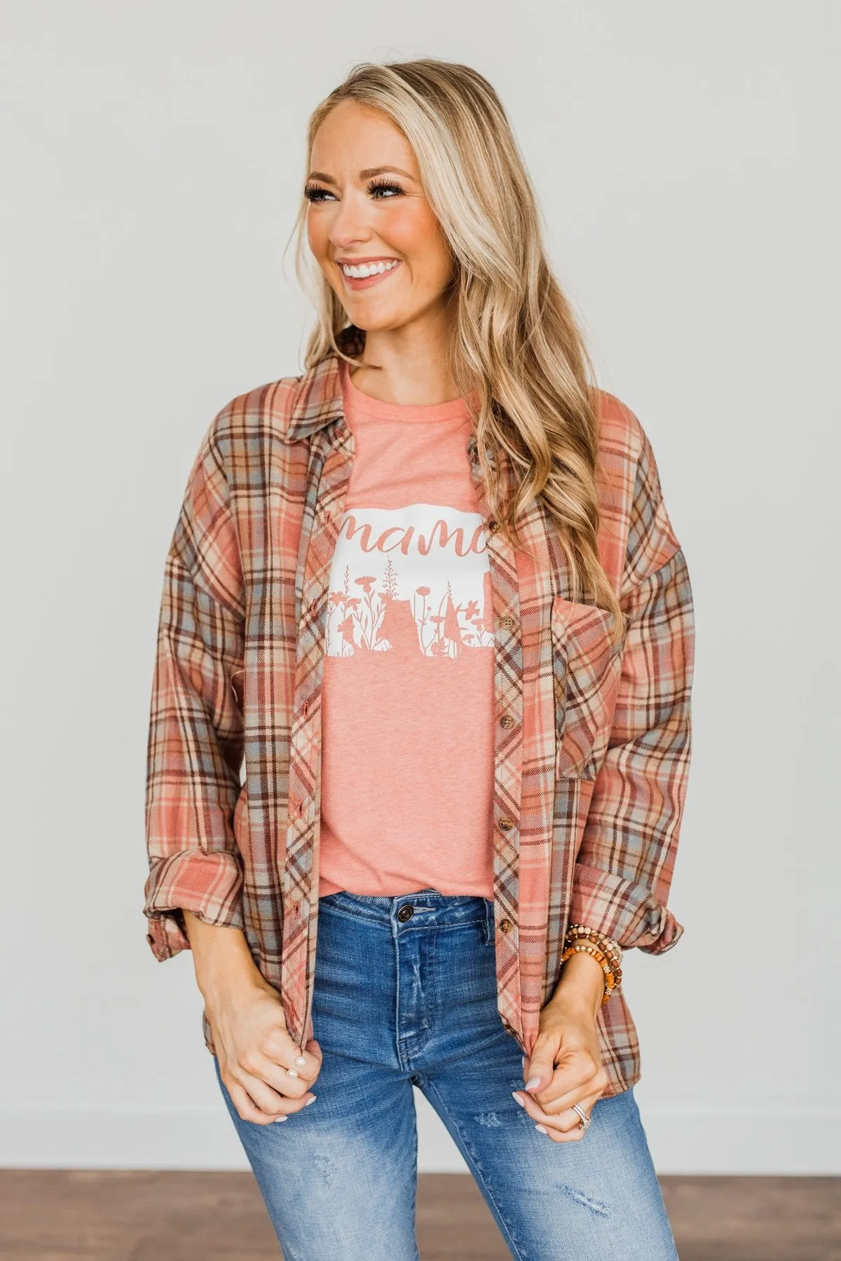 All The Fall Things Plaid Button Top- Dusty Pink, Blue, & Brown