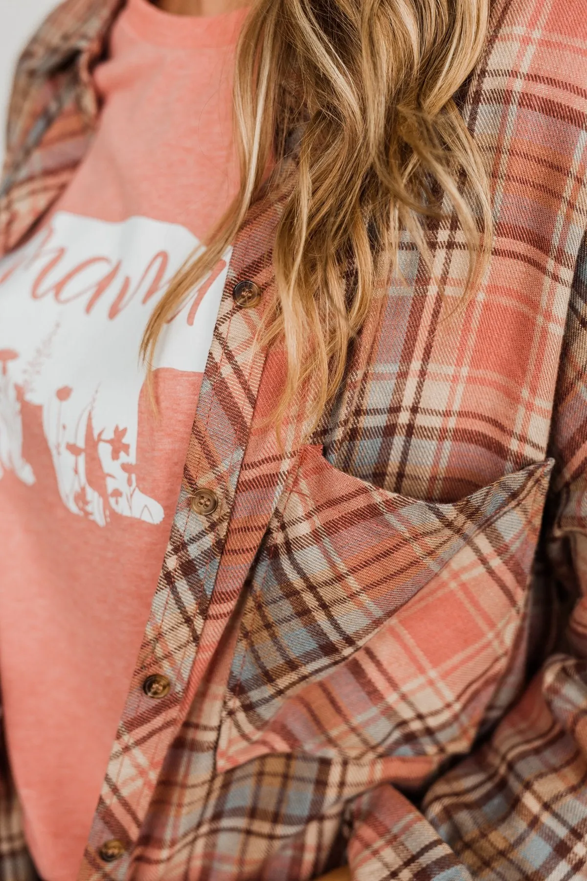 All The Fall Things Plaid Button Top- Dusty Pink, Blue, & Brown