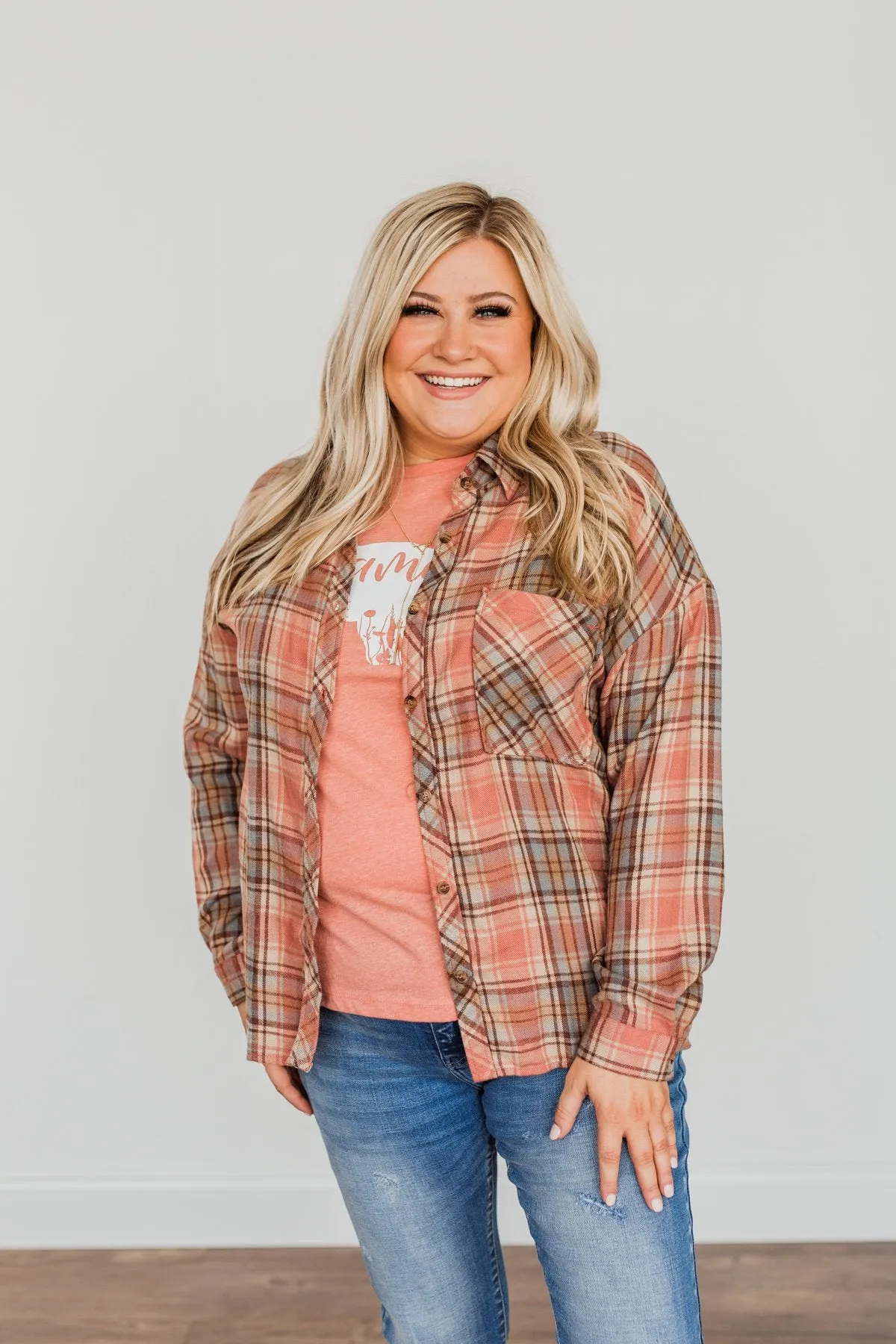 All The Fall Things Plaid Button Top- Dusty Pink, Blue, & Brown