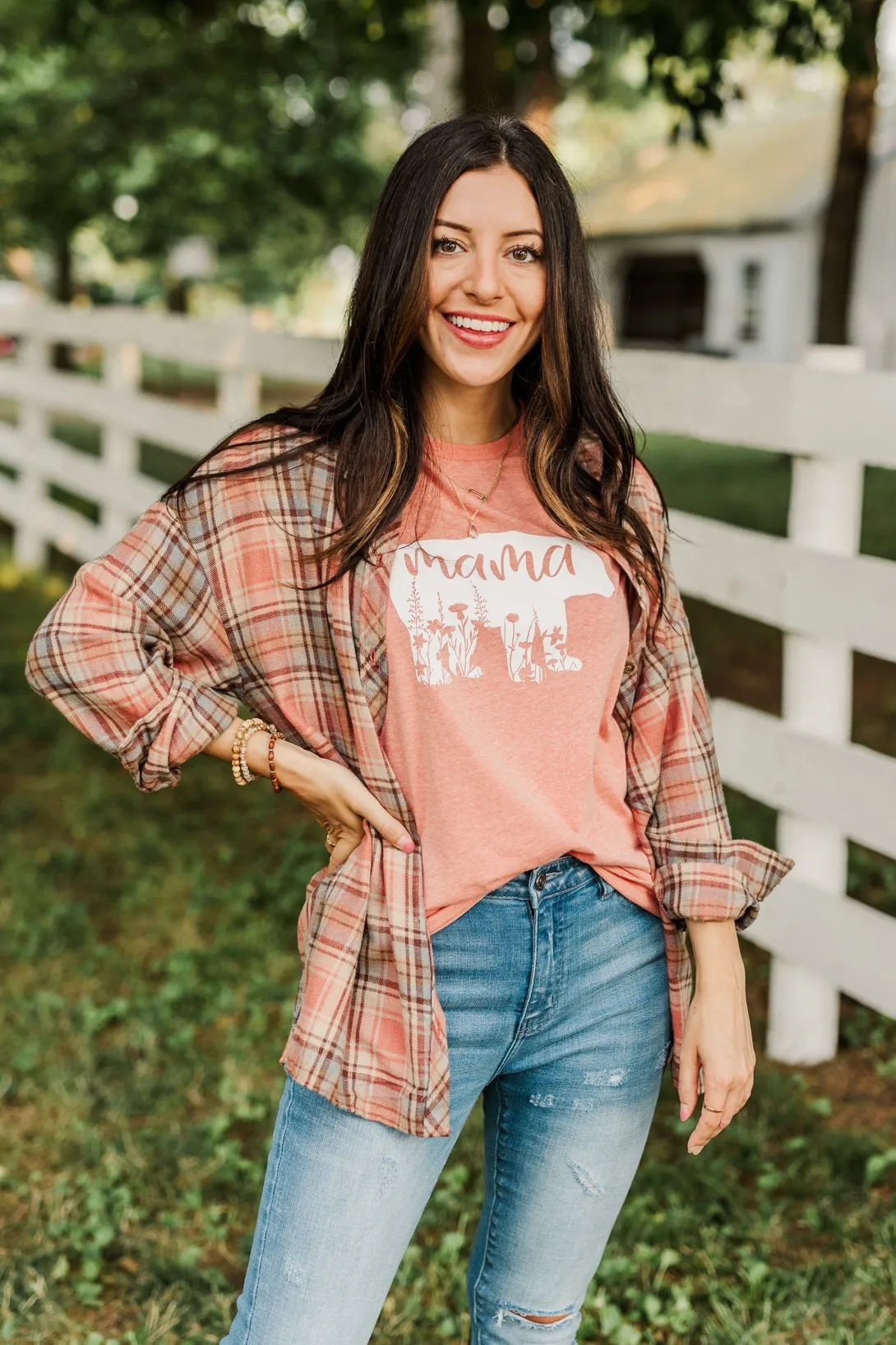 All The Fall Things Plaid Button Top- Dusty Pink, Blue, & Brown