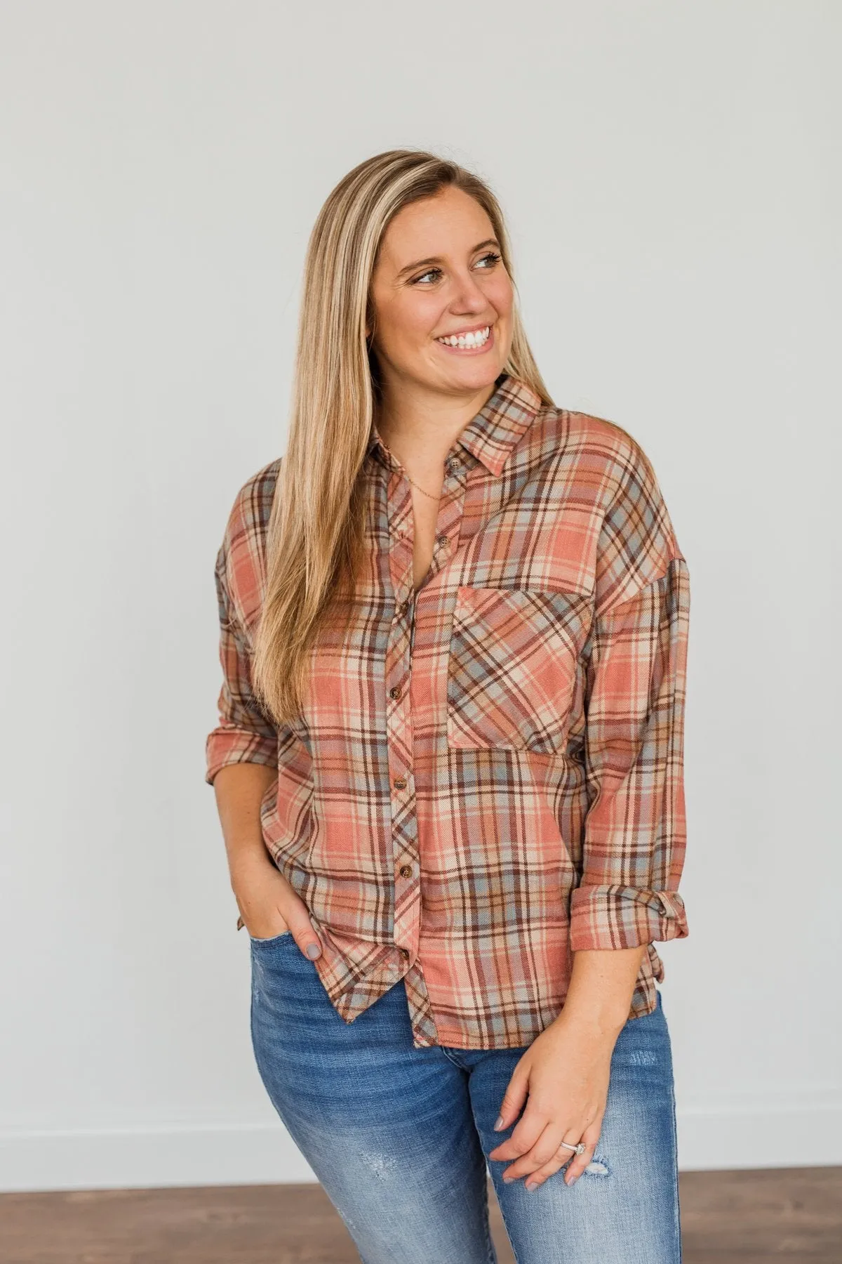 All The Fall Things Plaid Button Top- Dusty Pink, Blue, & Brown