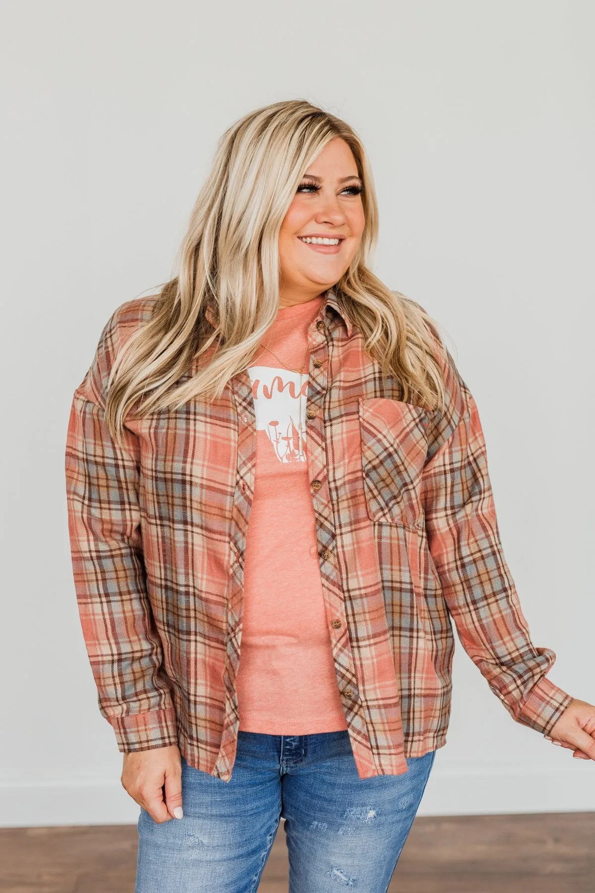 All The Fall Things Plaid Button Top- Dusty Pink, Blue, & Brown