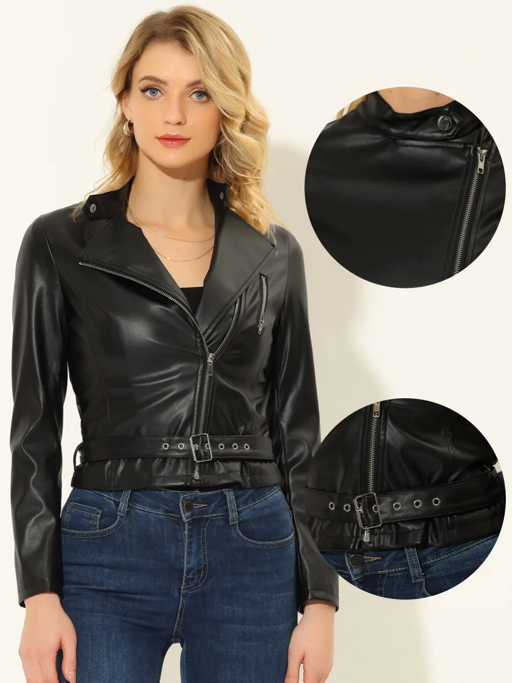 Allegra K- Zip Up Faux Leather Jackets