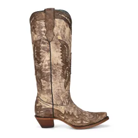 Corral Womens Tall Top Eagle Overlay Taupe Cowhide 15in Cowboy Boots