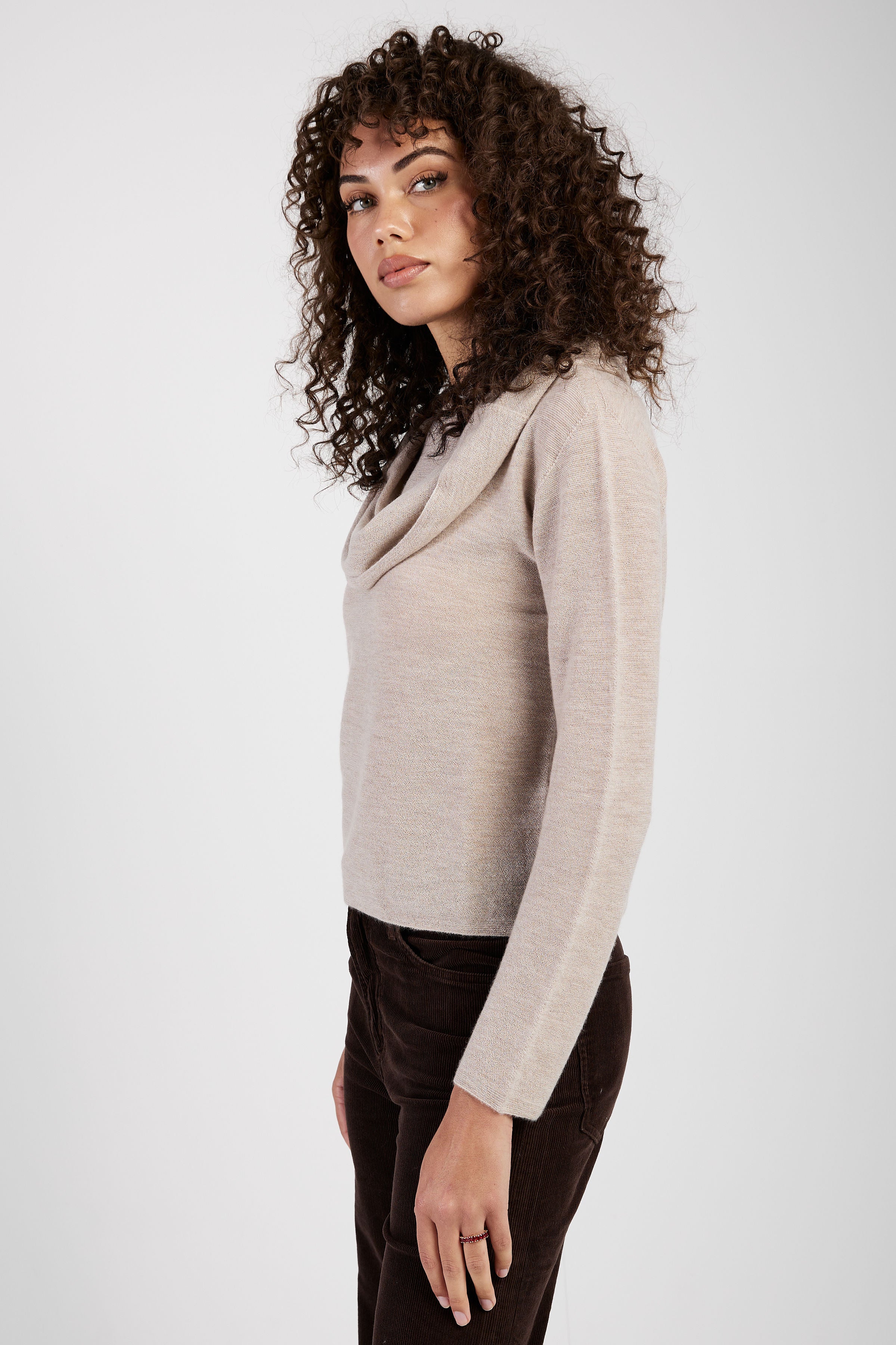 Cowl Neck Cashmere Sweater in Beige