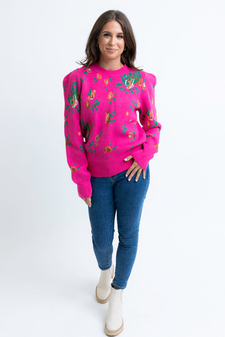 Floral Puff Sleeve Crew Sweater