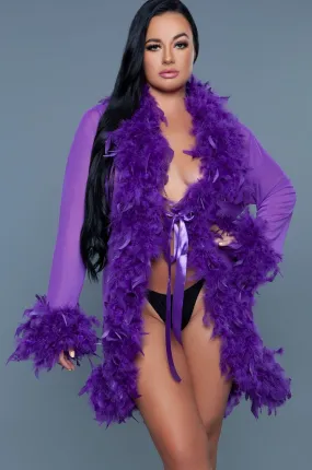 Knee Length Feather Robe With Ribbon Ties