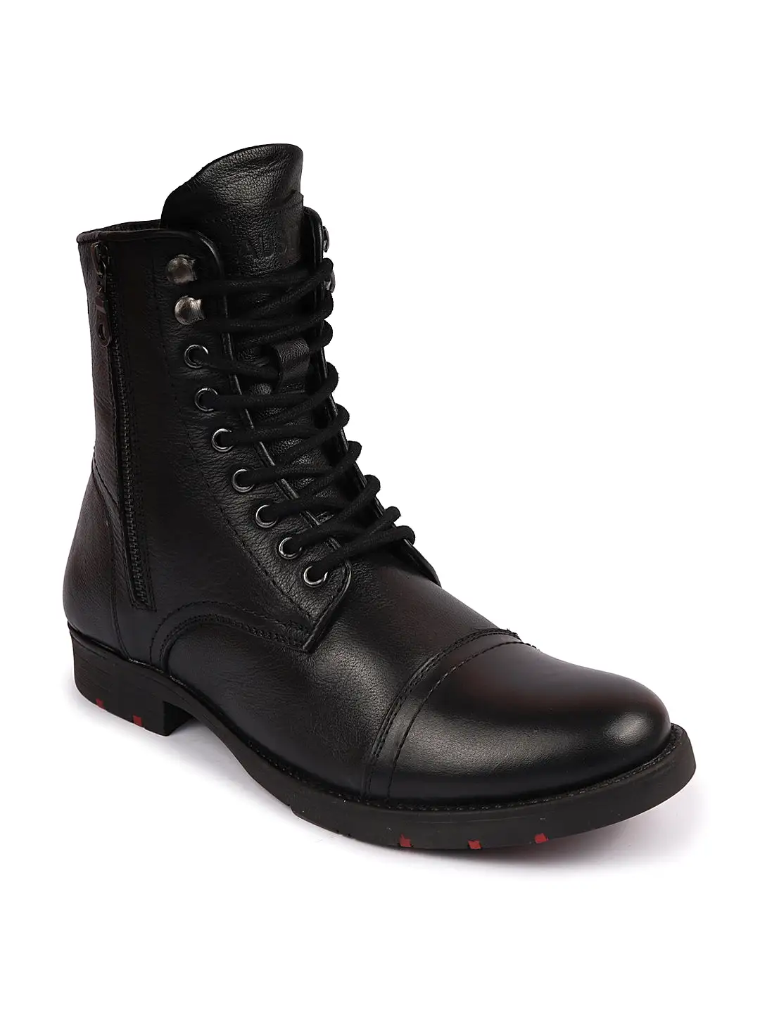 Men Black High Top Genuine Leather Hook and 7-Eye Lace Up Side Zipper Cap Toe Classic Flat Boots