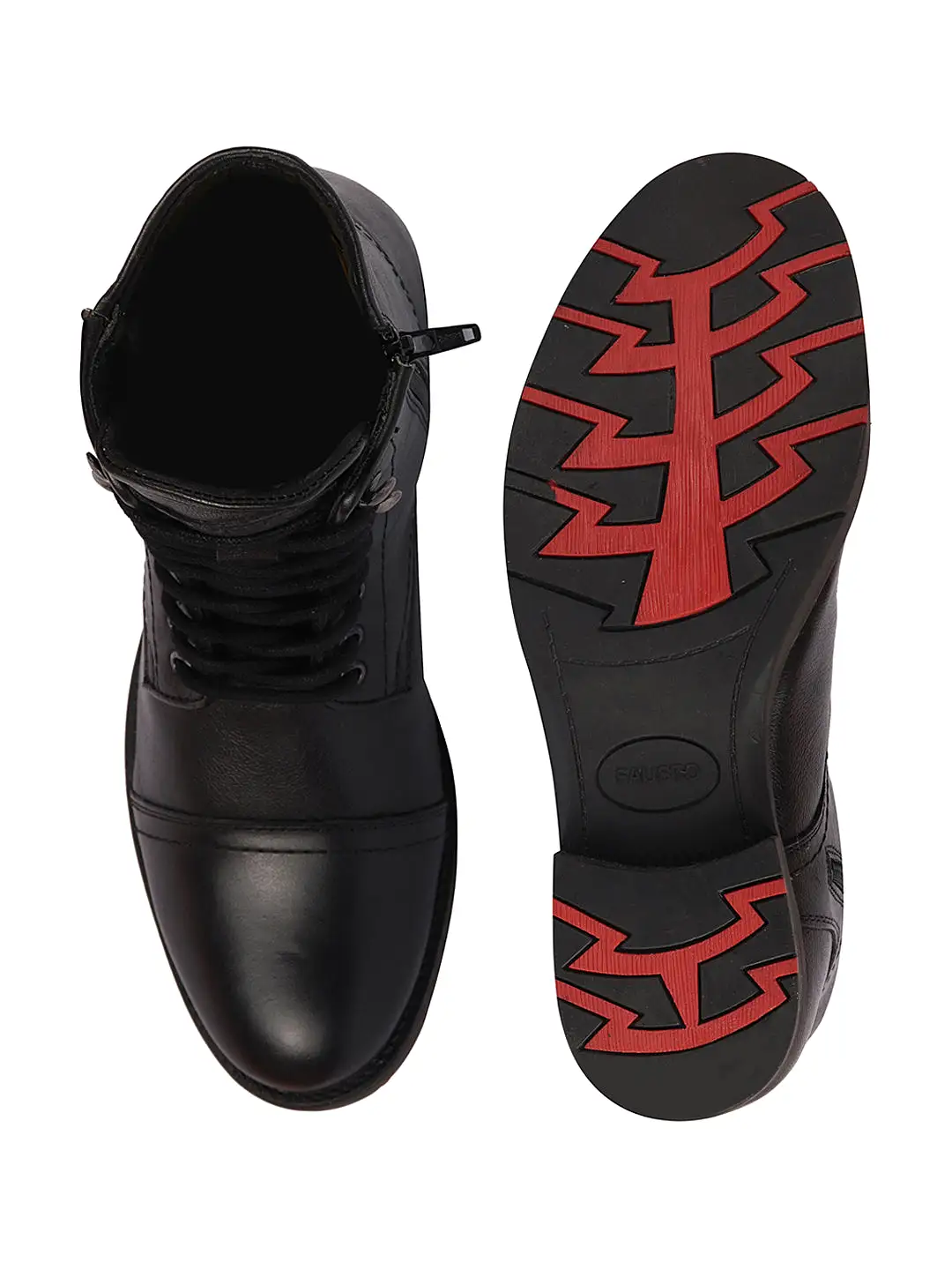 Men Black High Top Genuine Leather Hook and 7-Eye Lace Up Side Zipper Cap Toe Classic Flat Boots