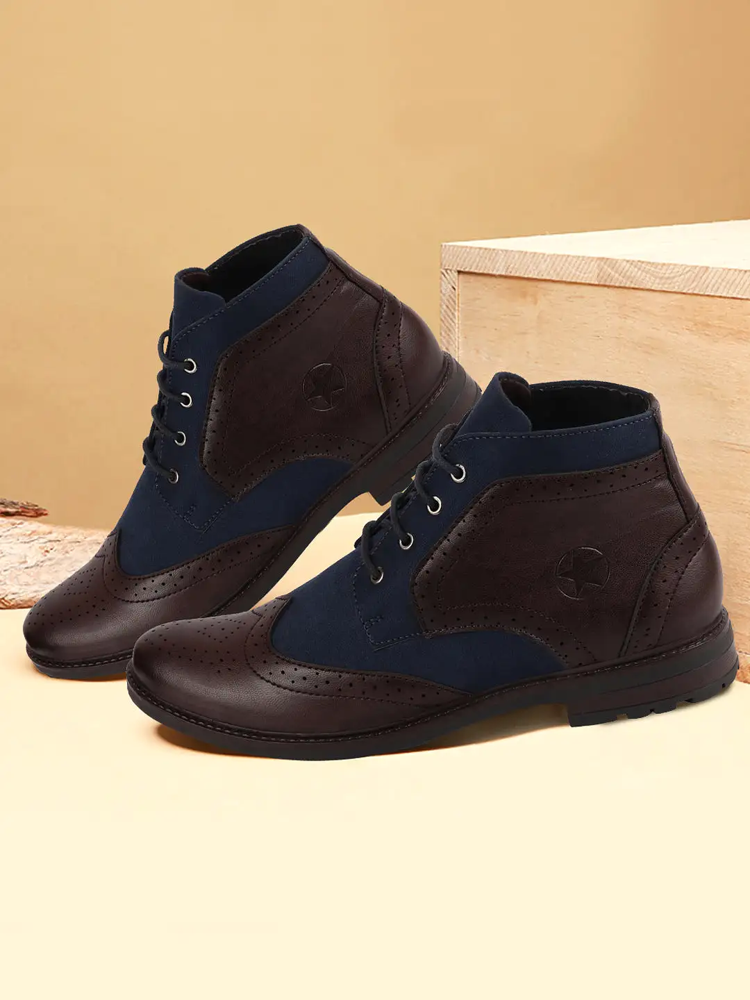 Men Brown Wingtip Lace Up Boots