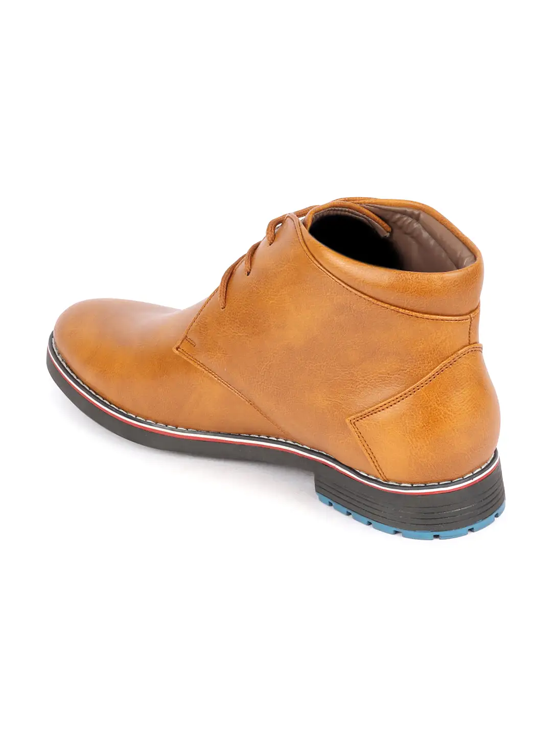 Men Tan Genuine Leather Mid Top Chukka Lace Up Boots with TPR Welted Colorblocked Sole