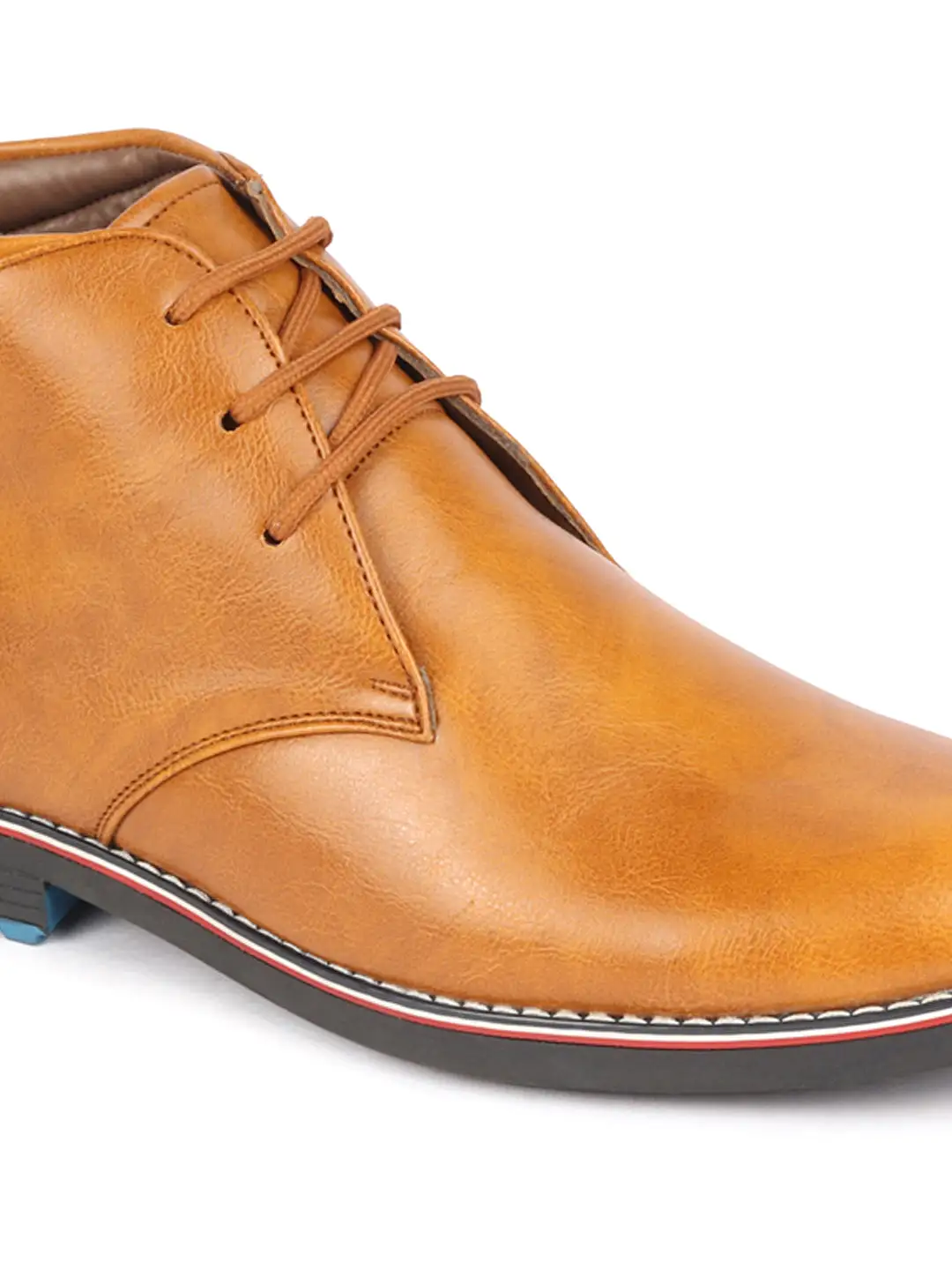 Men Tan Genuine Leather Mid Top Chukka Lace Up Boots with TPR Welted Colorblocked Sole