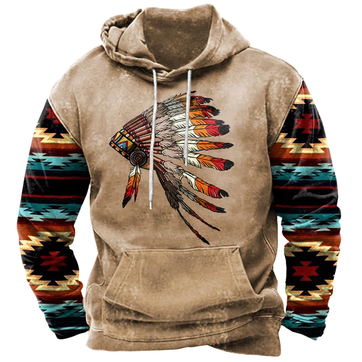 Men's Ethnic Geometric Indian Feathers Headdress Hoodie