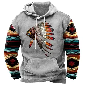 Men's Ethnic Geometric Indian Feathers Headdress Hoodie