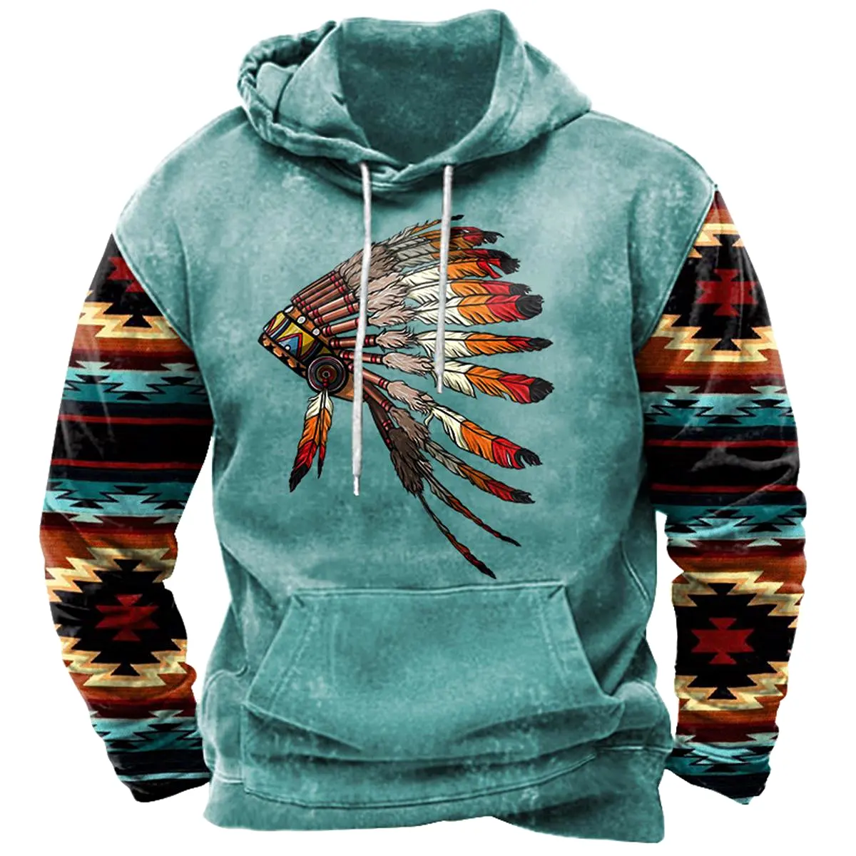 Men's Ethnic Geometric Indian Feathers Headdress Hoodie