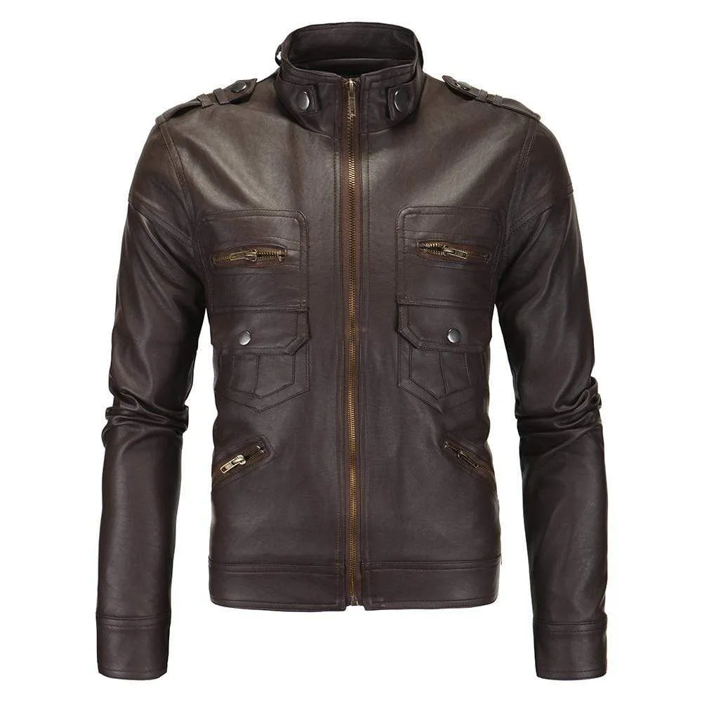 Men's Punk Front Zip Faux Leather Jackets With Pockets