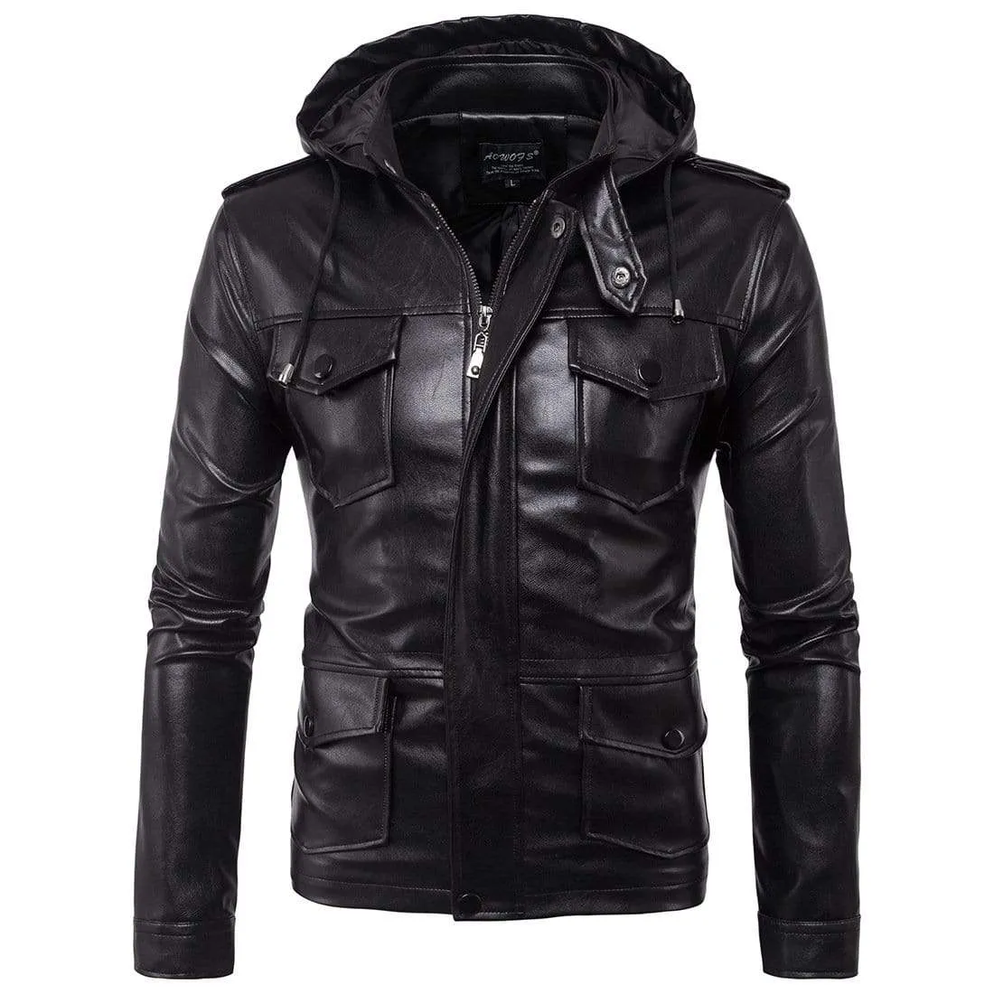 Men's Punk Multi-pockets Faux Leather Jackets With Hood