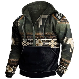 Men's Vintage Ethnic Print Pocket Zip Hoodie