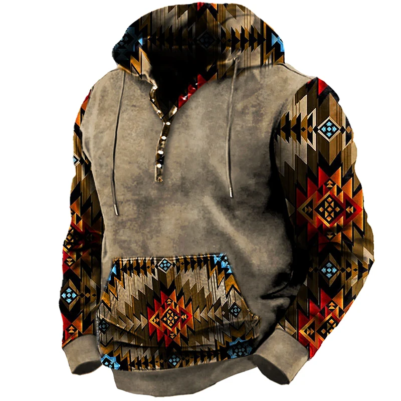 Men's Vintage Outdoor Ethnic Print Pocket Tactical Hoodie