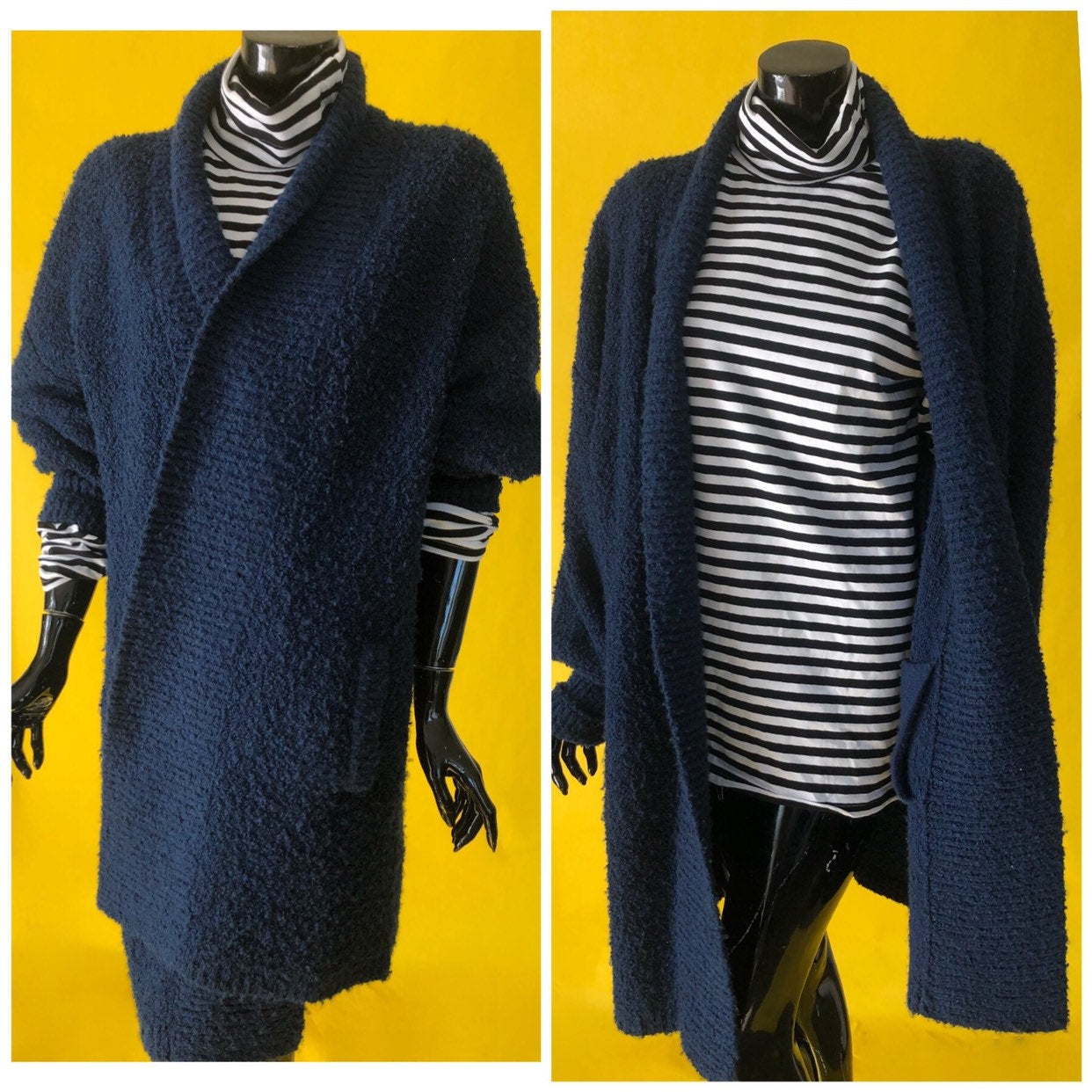 Oversized Plus Womens 90s Navy Blue Textured Knit Sweater Cardigan by Fitting Image Pockets