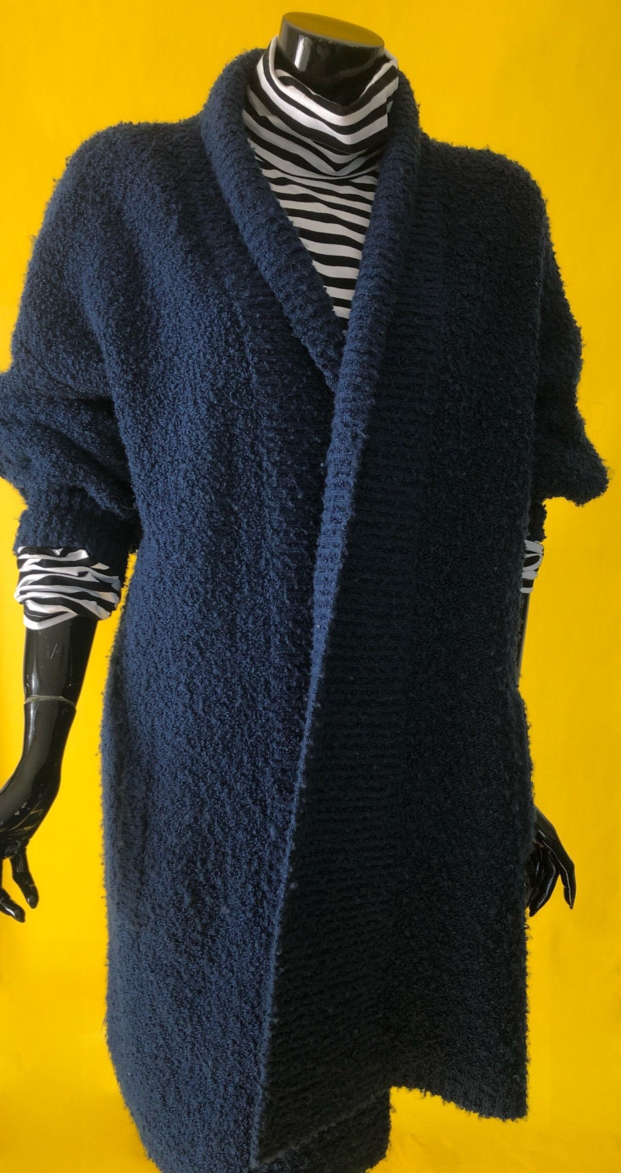 Oversized Plus Womens 90s Navy Blue Textured Knit Sweater Cardigan by Fitting Image Pockets