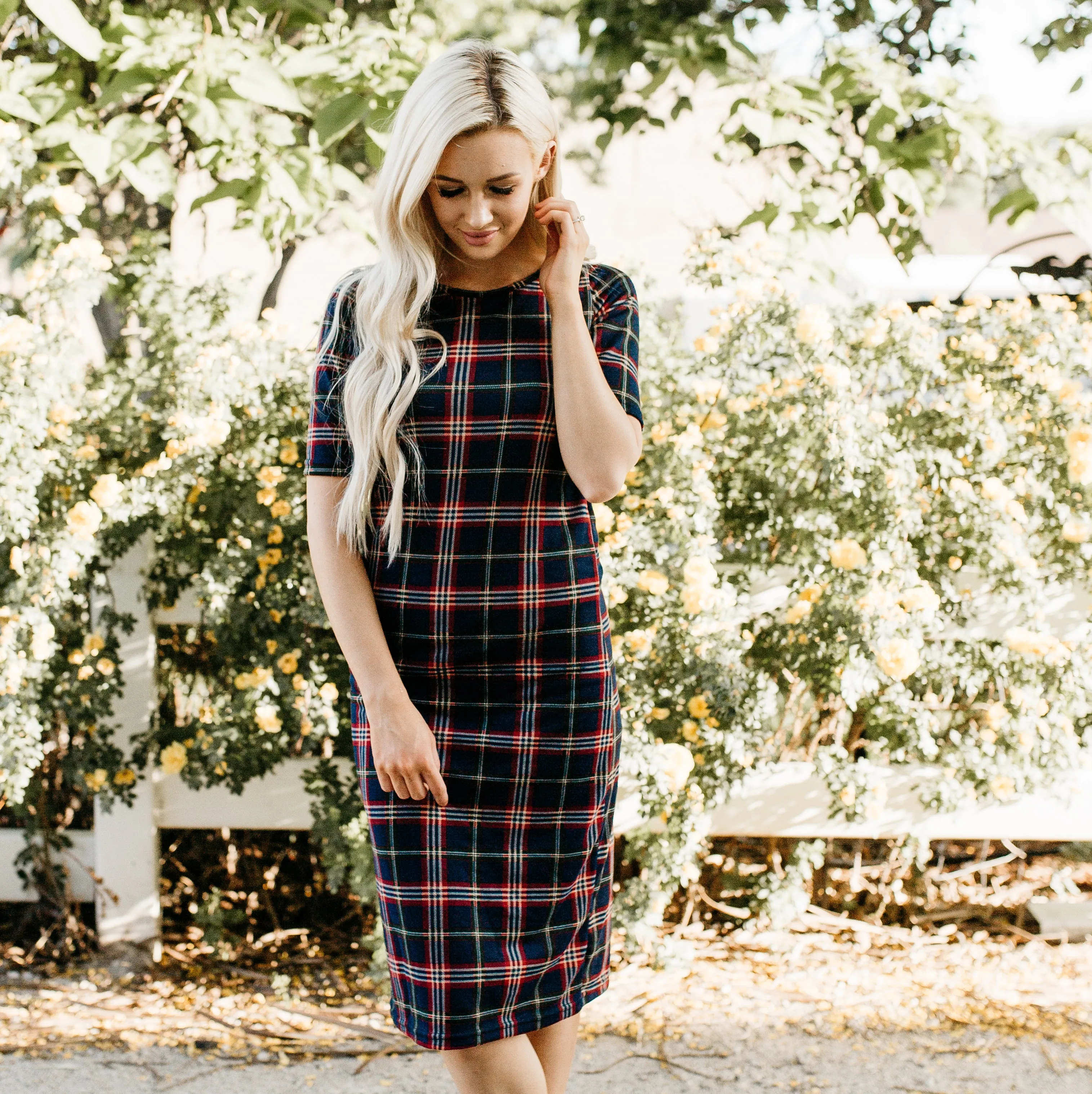 Plaid Tee Dress: Navy/Red/Green