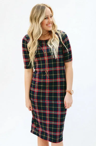 Plaid Tee Dress: Navy/Red/Green