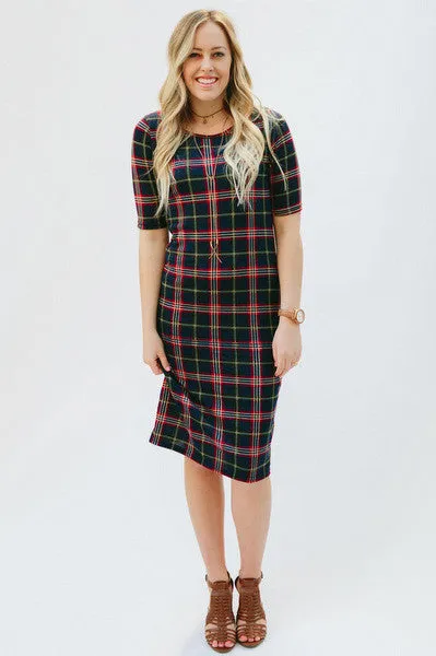 Plaid Tee Dress: Navy/Red/Green