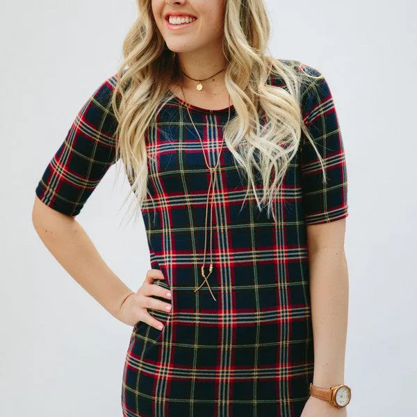 Plaid Tee Dress: Navy/Red/Green