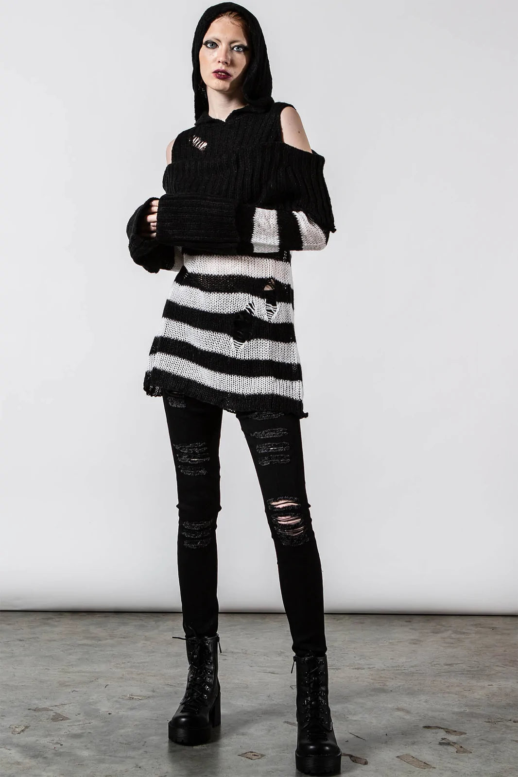 Poison Hooded Blk/Wht Knit Sweater