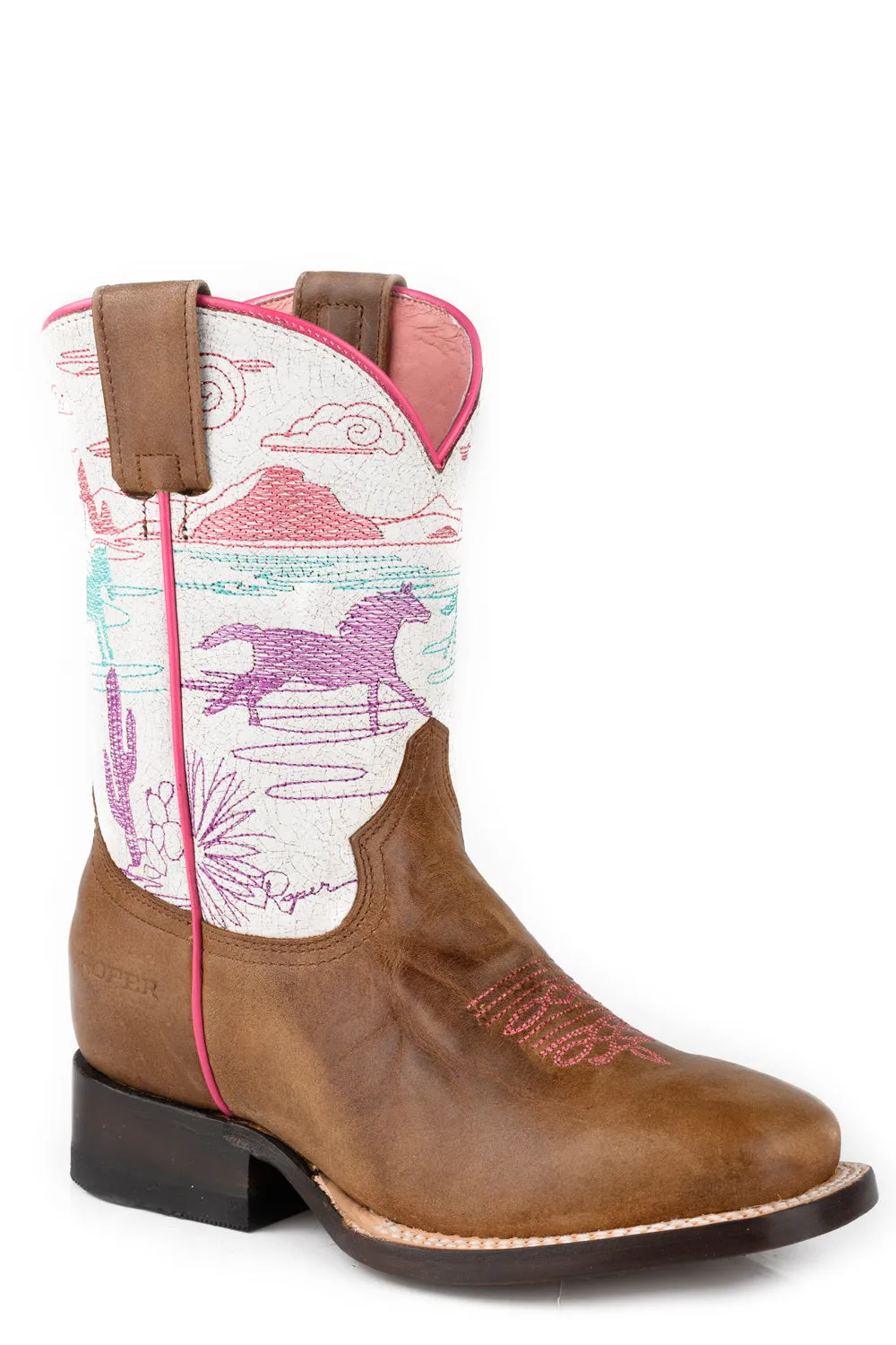 Roper Youth Girls Running Free Brown/Pink Faux Leather Cowboy Boots