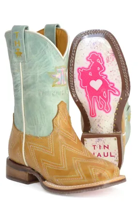 Tin Haul Kids Girls Dancette Cowgirl Tan/Turquoise Leather Cowboy Boots