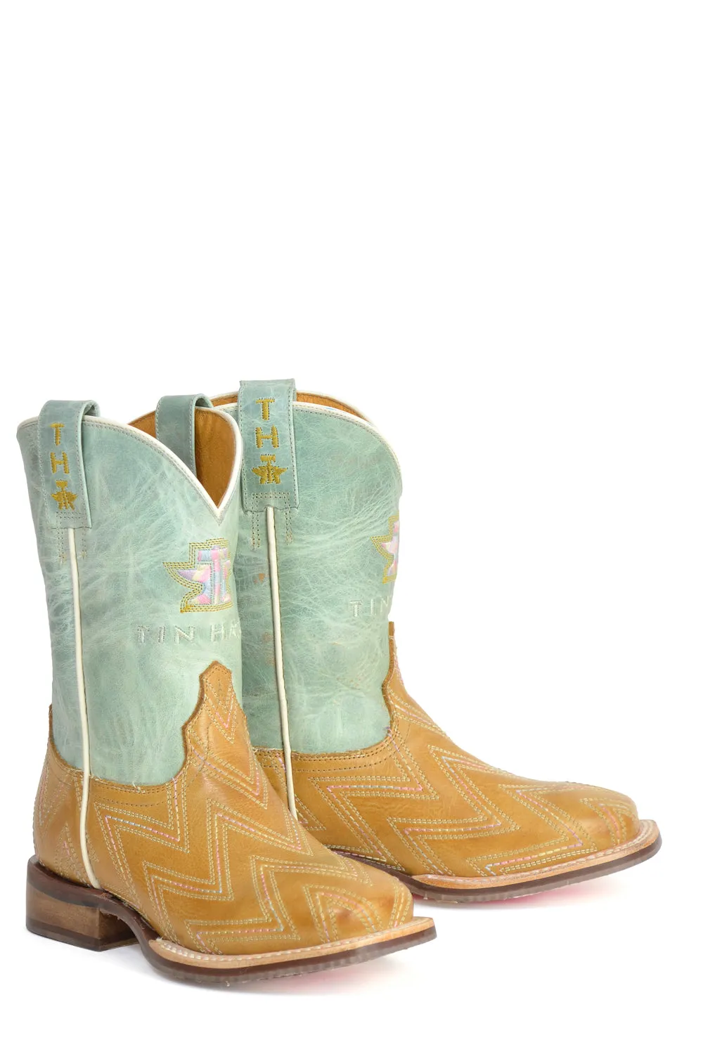 Tin Haul Kids Girls Dancette Cowgirl Tan/Turquoise Leather Cowboy Boots