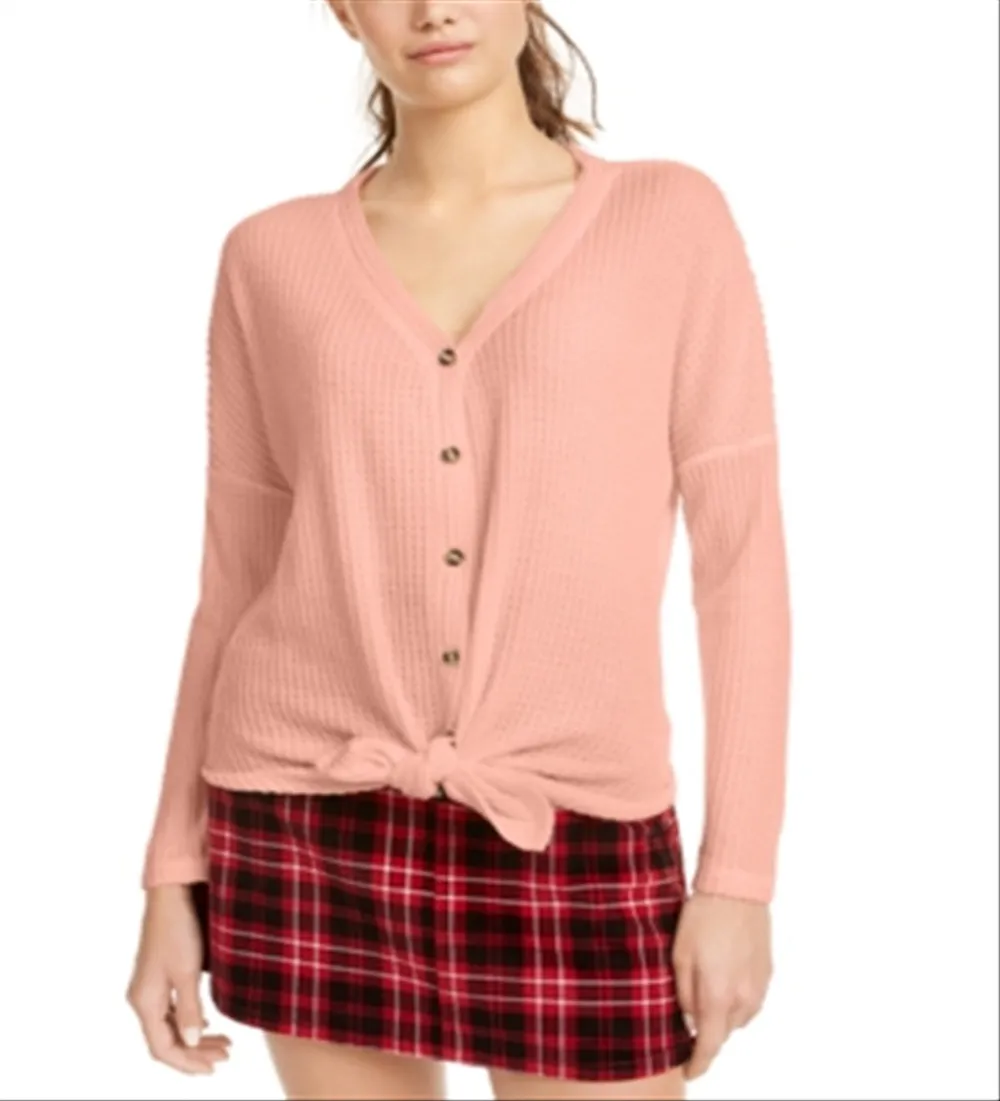 Ultra Flirt Junior's Waffle Knit Tie Front Top Pink Size X-Small