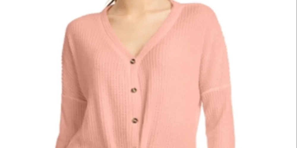 Ultra Flirt Junior's Waffle Knit Tie Front Top Pink Size X-Small