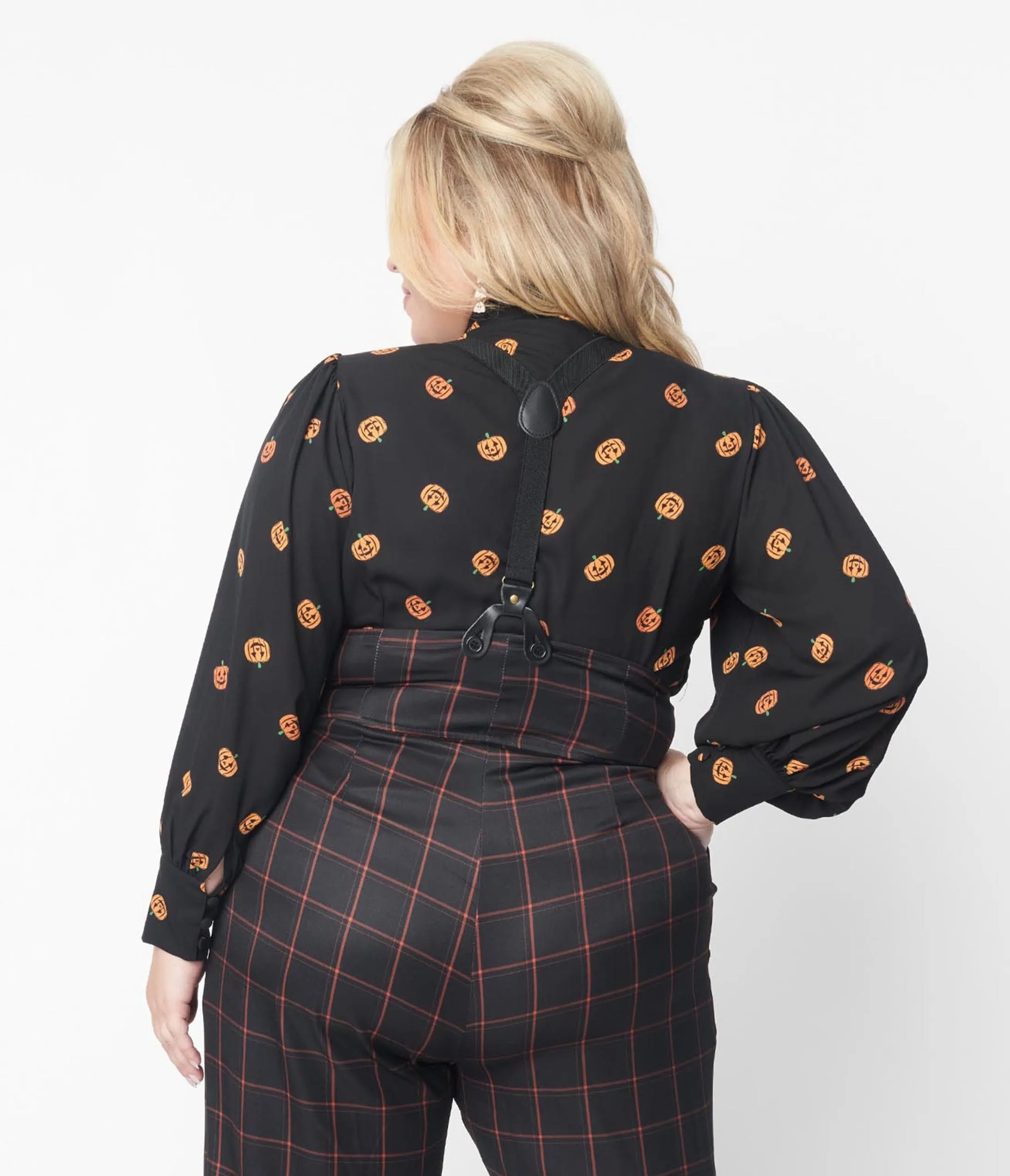 Unique Vintage Plus Size 1950s Black & Pumpkin Print Gwen Blouse