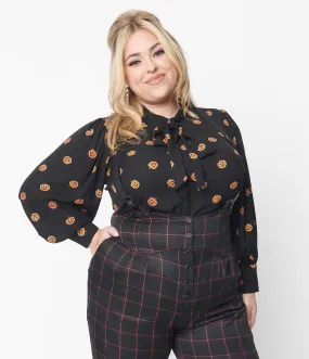 Unique Vintage Plus Size 1950s Black & Pumpkin Print Gwen Blouse