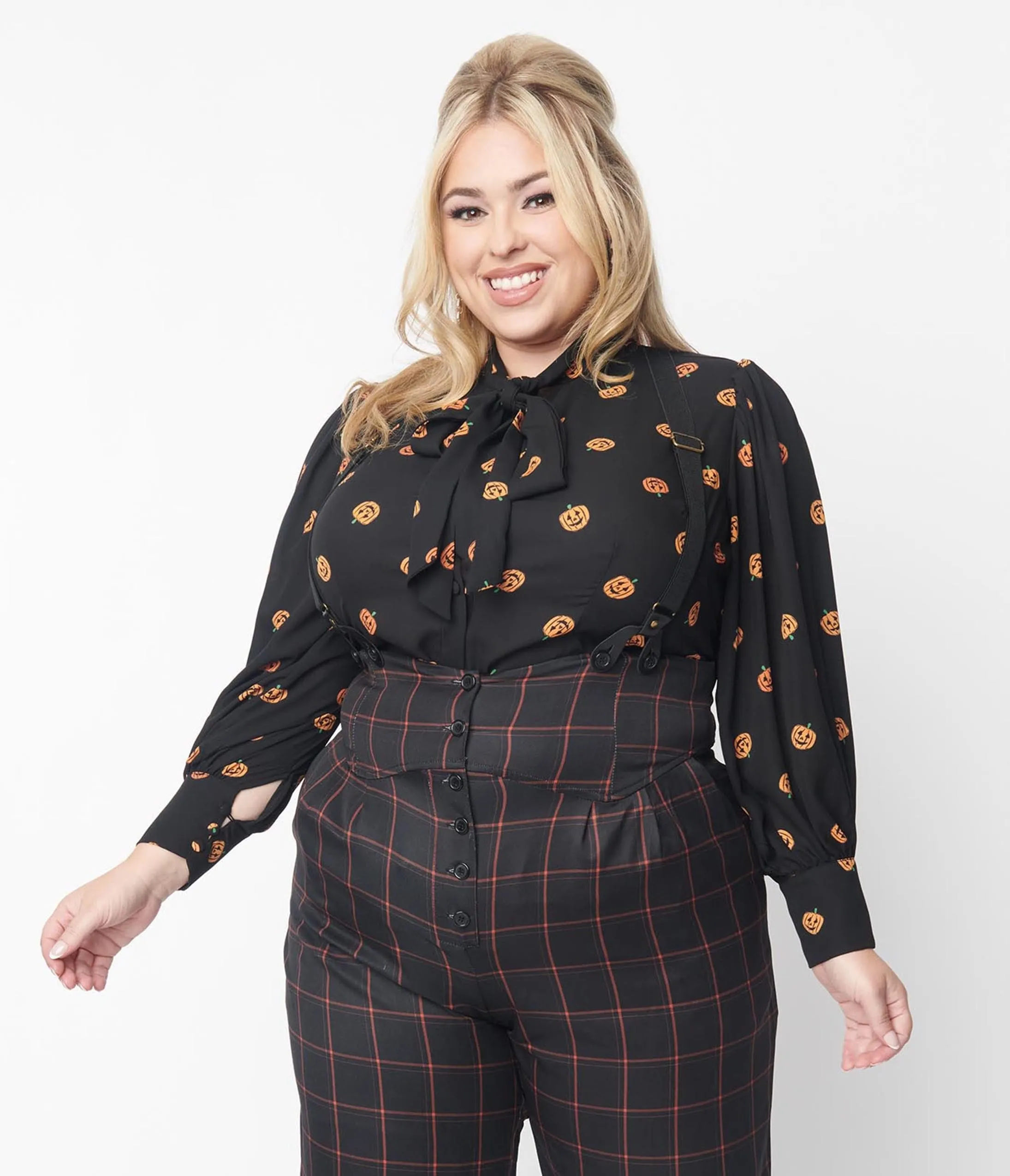 Unique Vintage Plus Size 1950s Black & Pumpkin Print Gwen Blouse