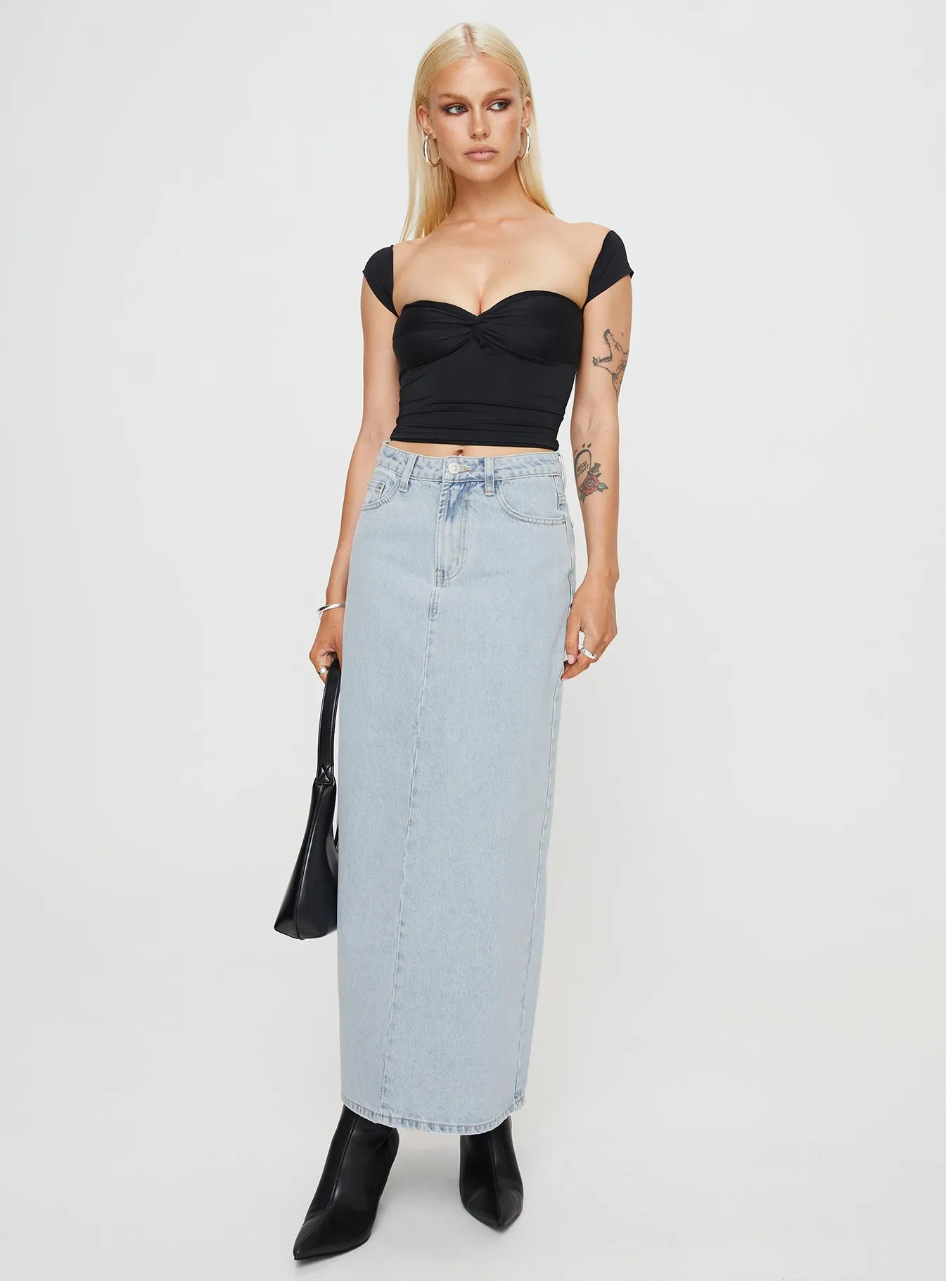 Whessler Split Back Denim Midi Skirt Light Wash