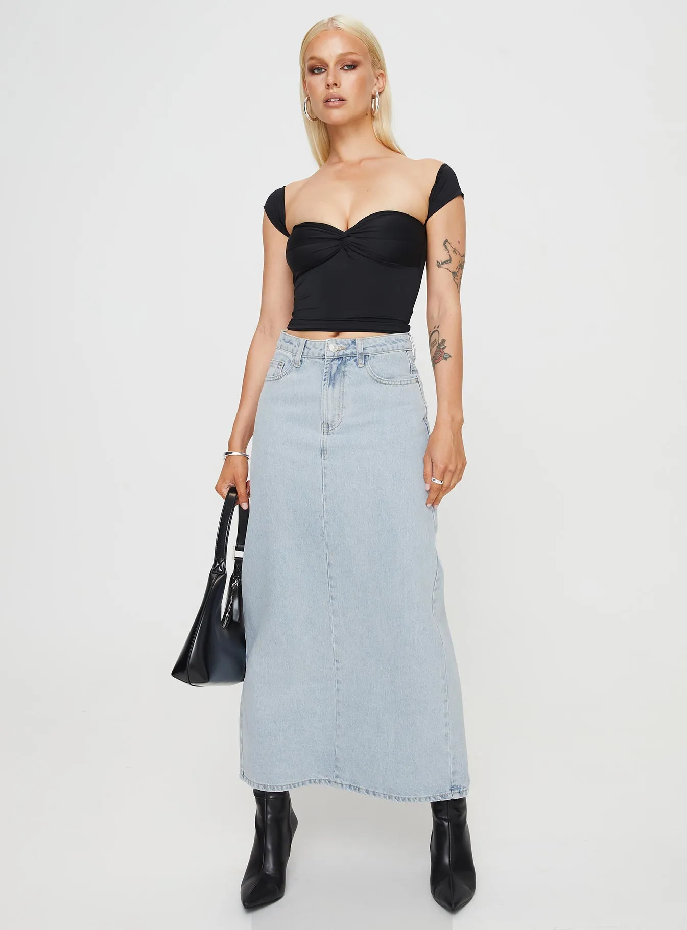 Whessler Split Back Denim Midi Skirt Light Wash