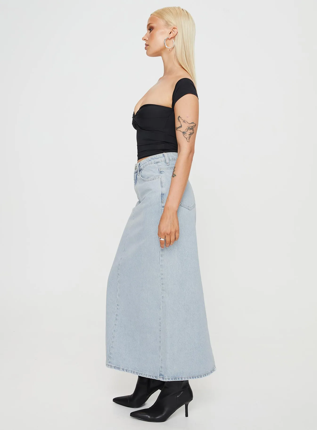 Whessler Split Back Denim Midi Skirt Light Wash