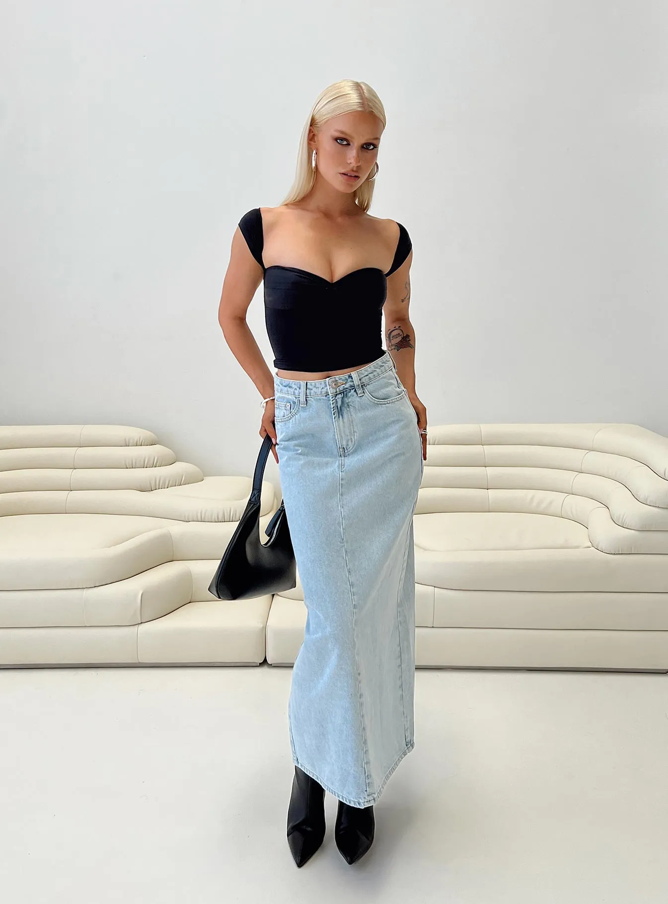 Whessler Split Back Denim Midi Skirt Light Wash