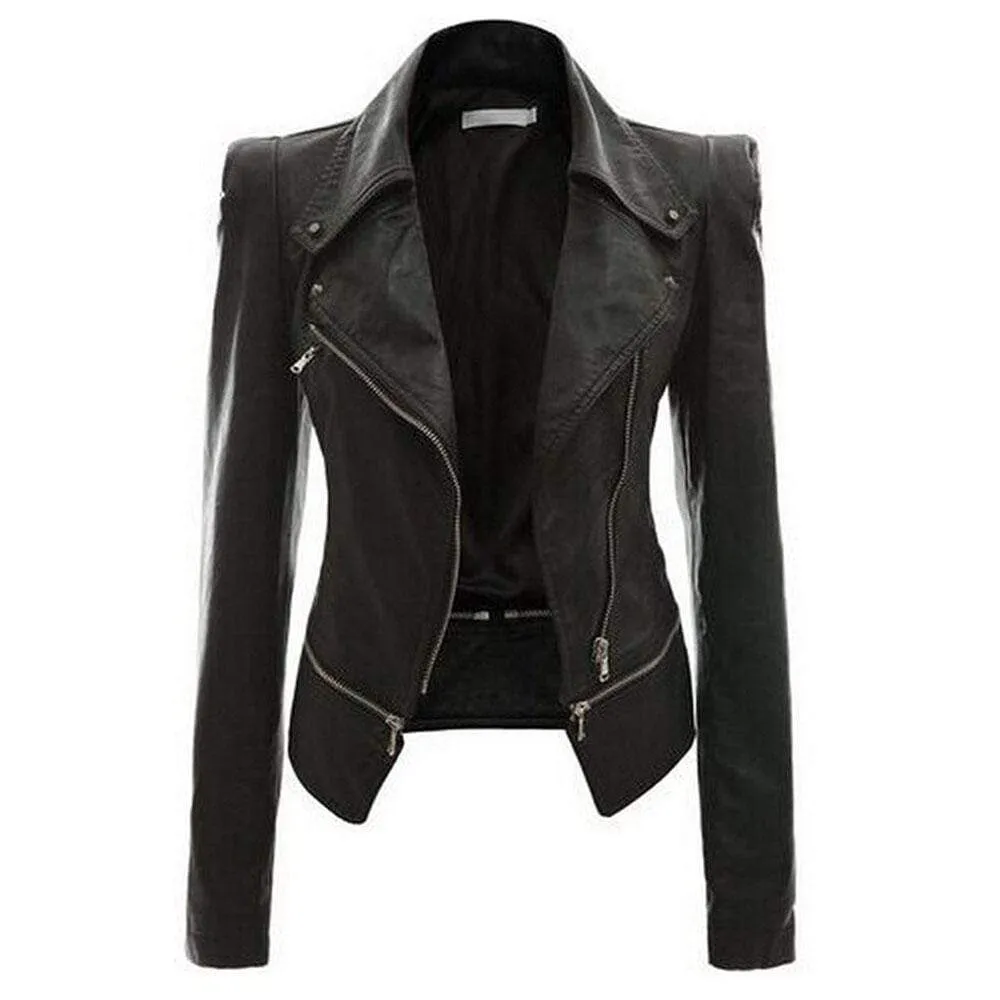 Women's Punk Turn-down Collar Zipper Faux Leather Jackets