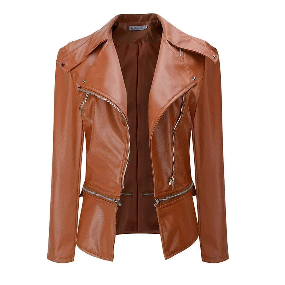 Women's Punk Turn-down Collar Zipper Faux Leather Jackets